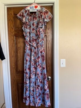 Floral Ruffle Maxi Dress in Light Blue and Burgundy